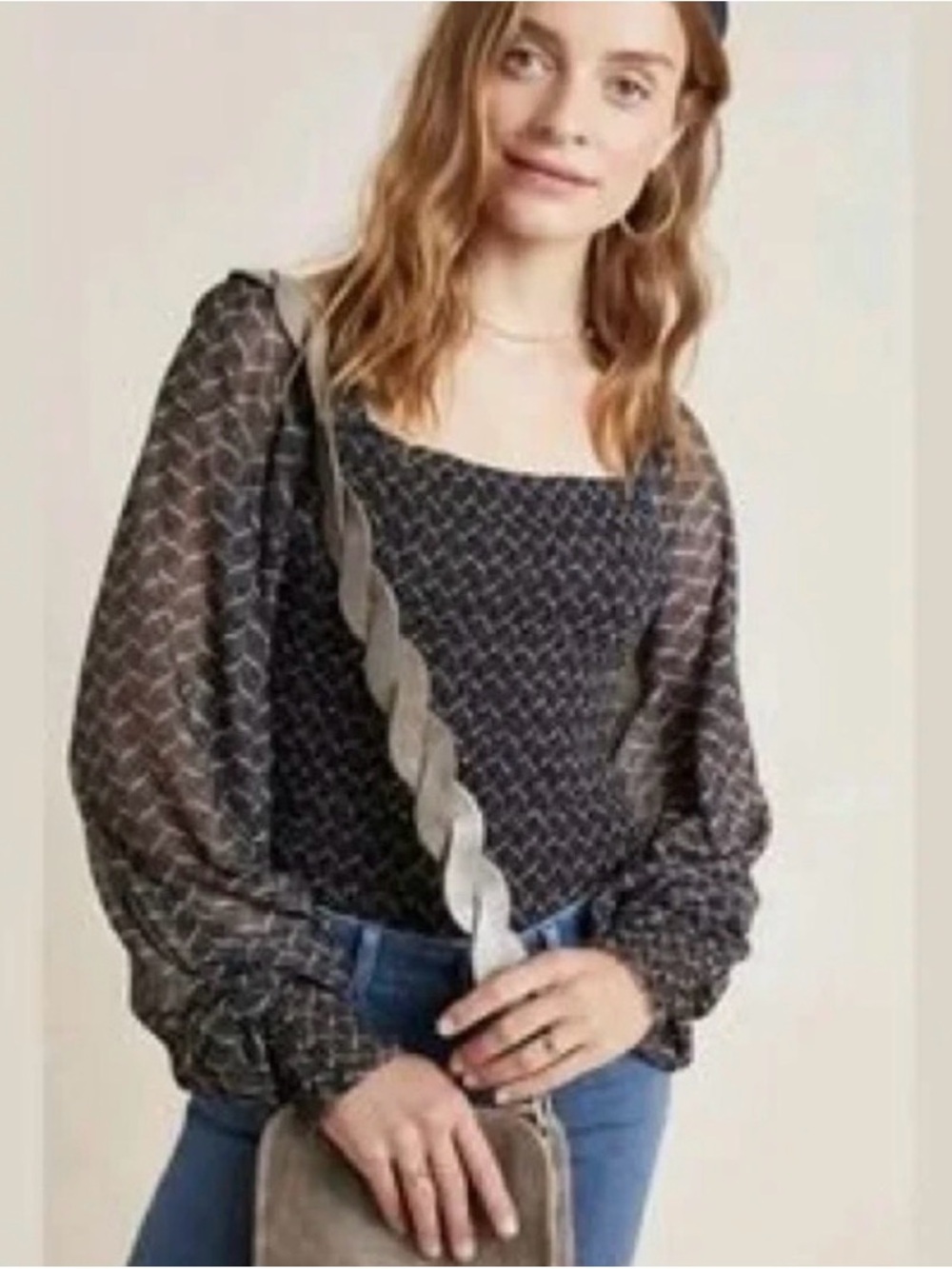 Anthropologie Black Patterned Square-Neck Sheer Sleeve Blouse